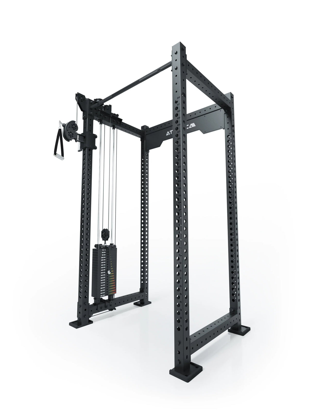 R8 Bradley - Black power rack with cable pulley, weight stack, Crossbar
