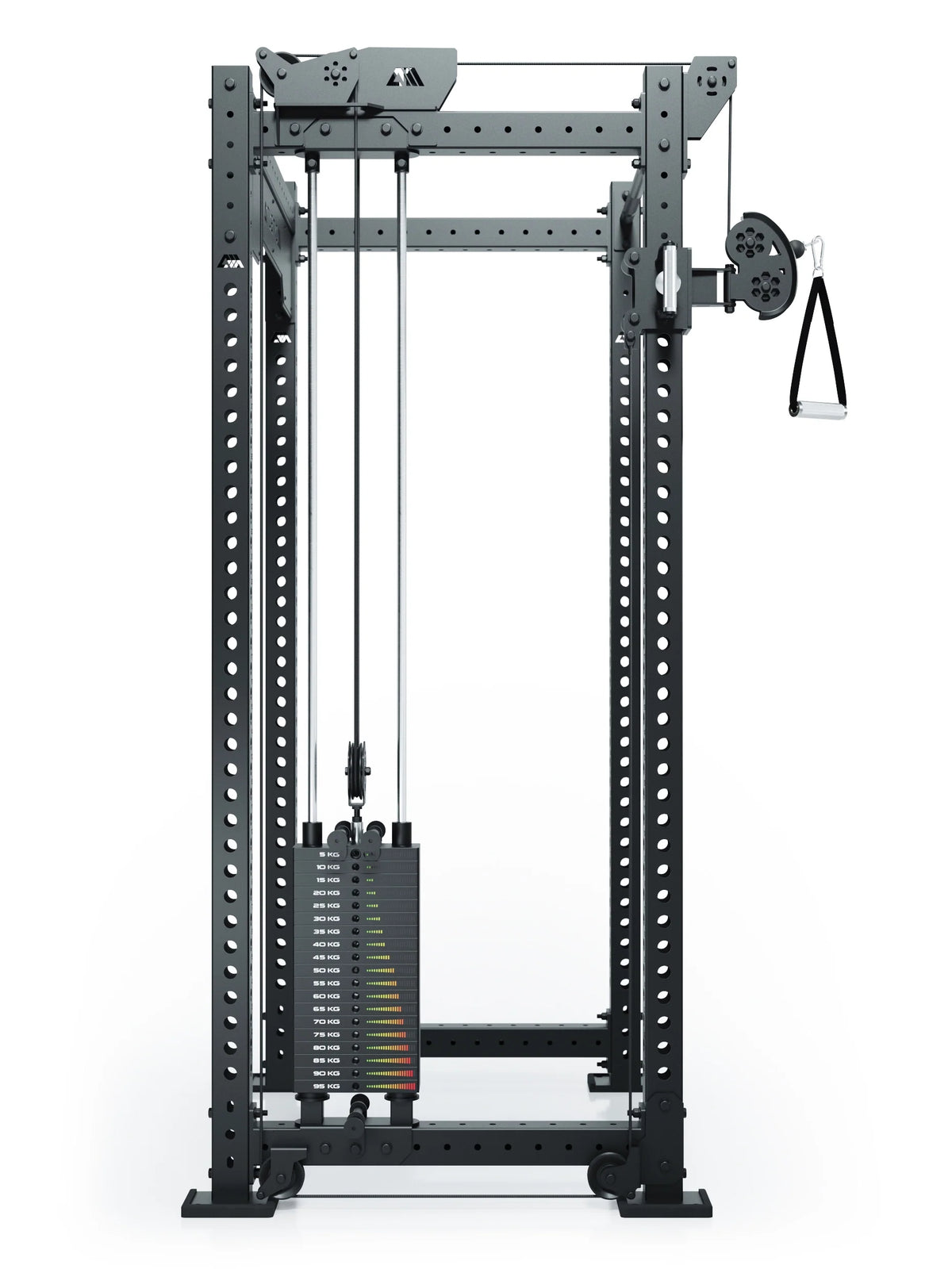 R8 Bradley Power Rack with functional trainer, 210 lb weight stack, cable pull, handle, perforated sheet frame