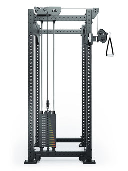 R8 Bradley Power Rack with functional trainer, 190 lb weight stack, cable pull, handle, perforated sheet frame