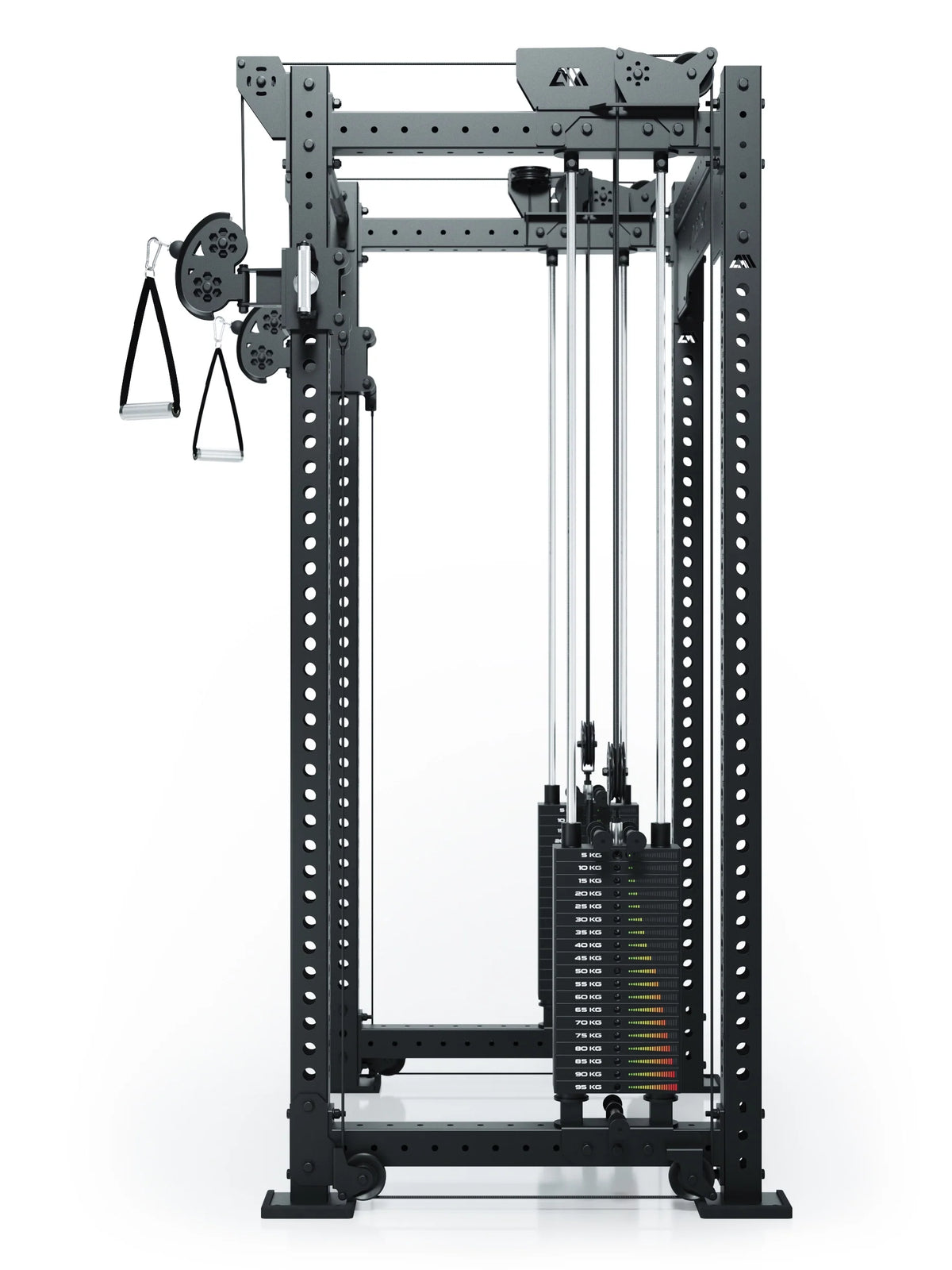 R8 Bradley Dual Cable Pulley Attachment - two handles, weight stack and perforated sheet frame for isolated cable pulley training