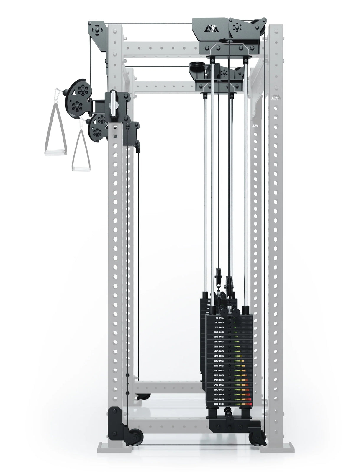 R8 Bradley Dual Cable Pulley Attachment - functional trainer with two weight stacks, handles and pulley wheels for strength training