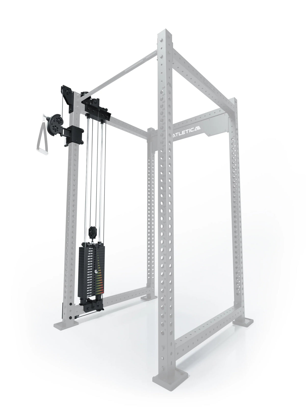 Atletica R8 Bradley 210 lb cable pulley attachment, left side, 43-inch crossbar, position 1, angled view