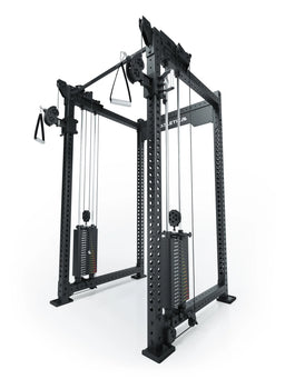 R8 Bradley Power Rack with cable pulley tower, two weight stacks, two handles