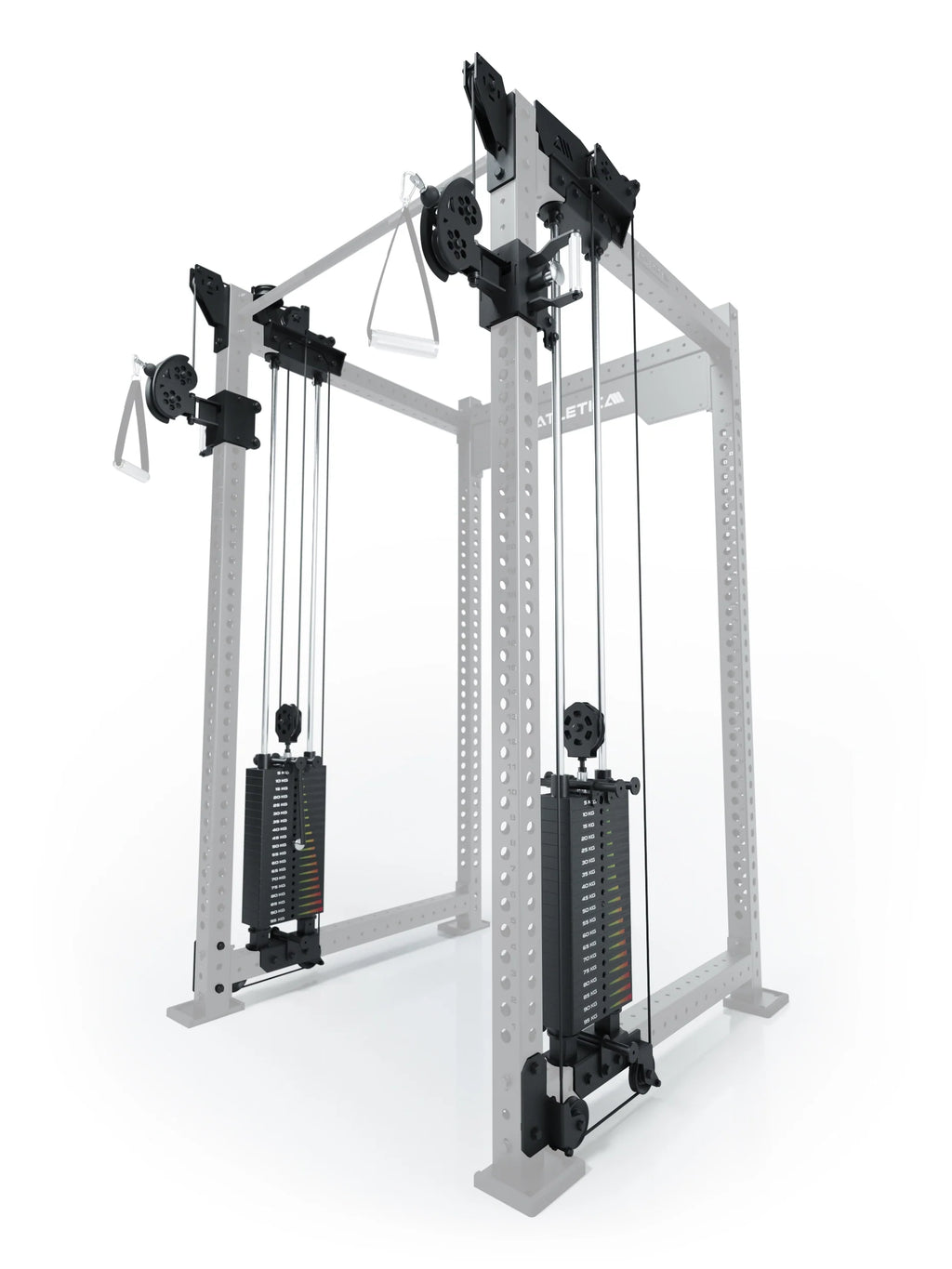 Atletica R8 Bradley Functional Trainer with two 190 lb weight stacks, pulleys, handles