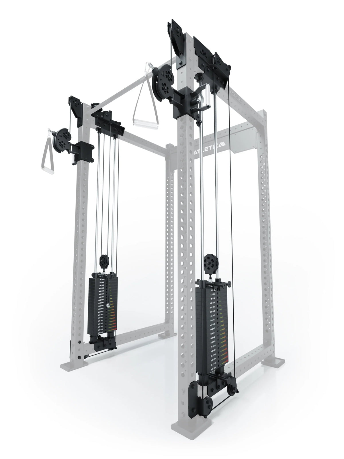 Atletica R8 Bradley Functional Trainer with two 210 lb weight stacks, pulleys, handles