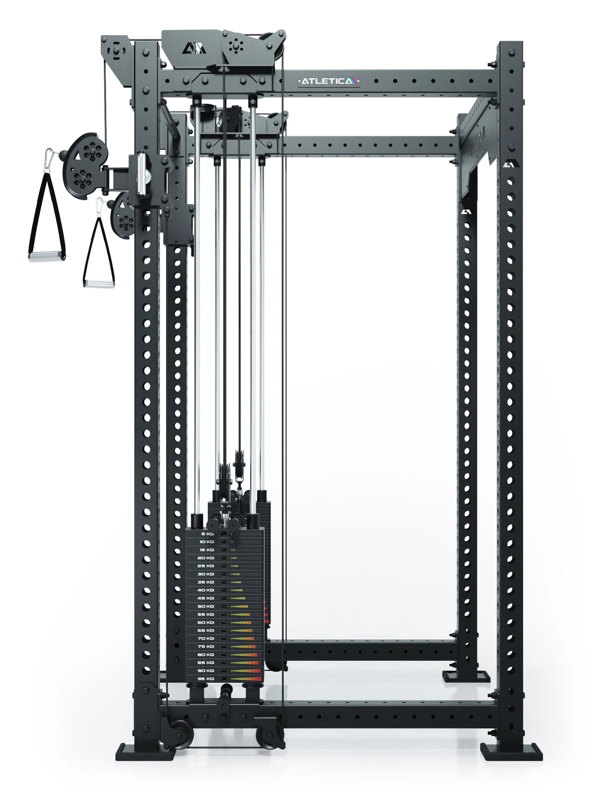 R8 Bradley Power Rack with functional trainer and weight stacks, two handles, perforated sheet frame