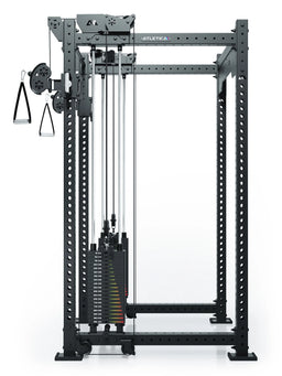R8 Bradley Power Rack with functional trainer and weight stacks, two handles, perforated sheet frame