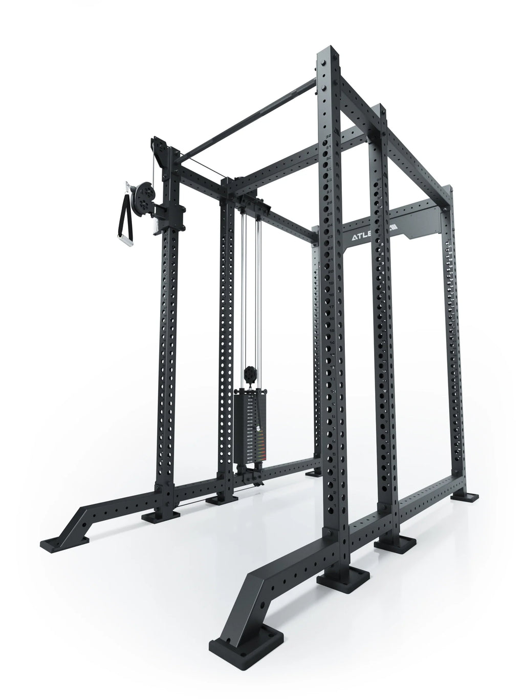 Atletica R8 Bradley rack with 190 lb left cable pulley attachment on 16.5-inch crossbar, angled view