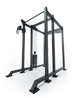 Atletica R8 Bradley rack with 190 lb left cable pulley attachment on 16.5-inch crossbar, angled view