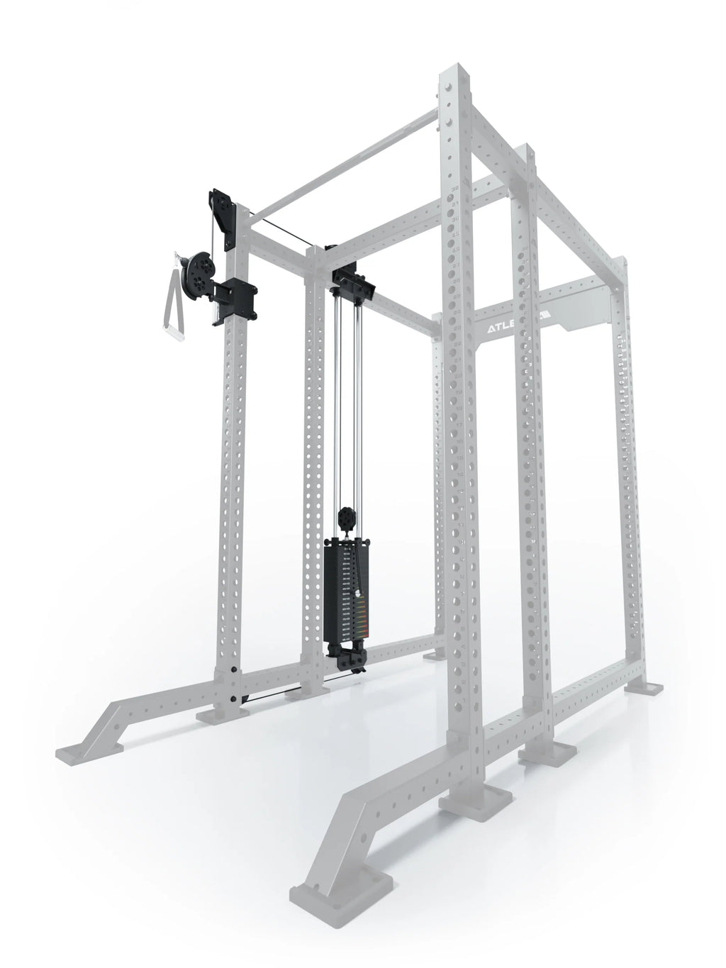 Atletica R8 Bradley 190 lb cable pulley attachment, left side, 16.5-inch crossbar, position 4, angled view