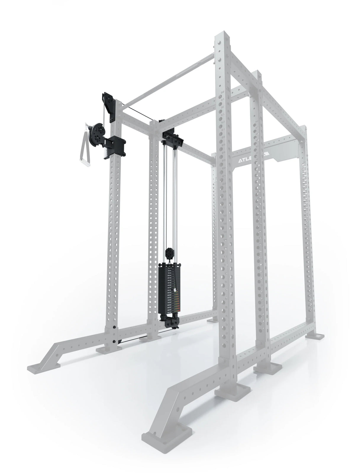 Atletica R8 Bradley 210 lb cable pulley attachment, left side, 16.5-inch crossbar, position 4, angled view