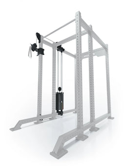 Atletica R8 Bradley 190 lb cable pulley attachment, left side, 16.5-inch crossbar, position 4, angled view