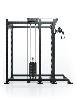Atletica R8 Bradley rack with 190 lb left cable pulley attachment, weight stack, front view
