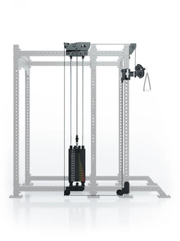 Atletica R8 Bradley 190 lb cable pulley attachment, left, highlighted on the rack, front view