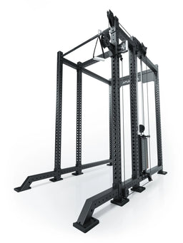 Atletica R8 Bradley 190 lb cable pulley attachment, right, 16.5 inch crossbar, mounted on a black rack, angled view