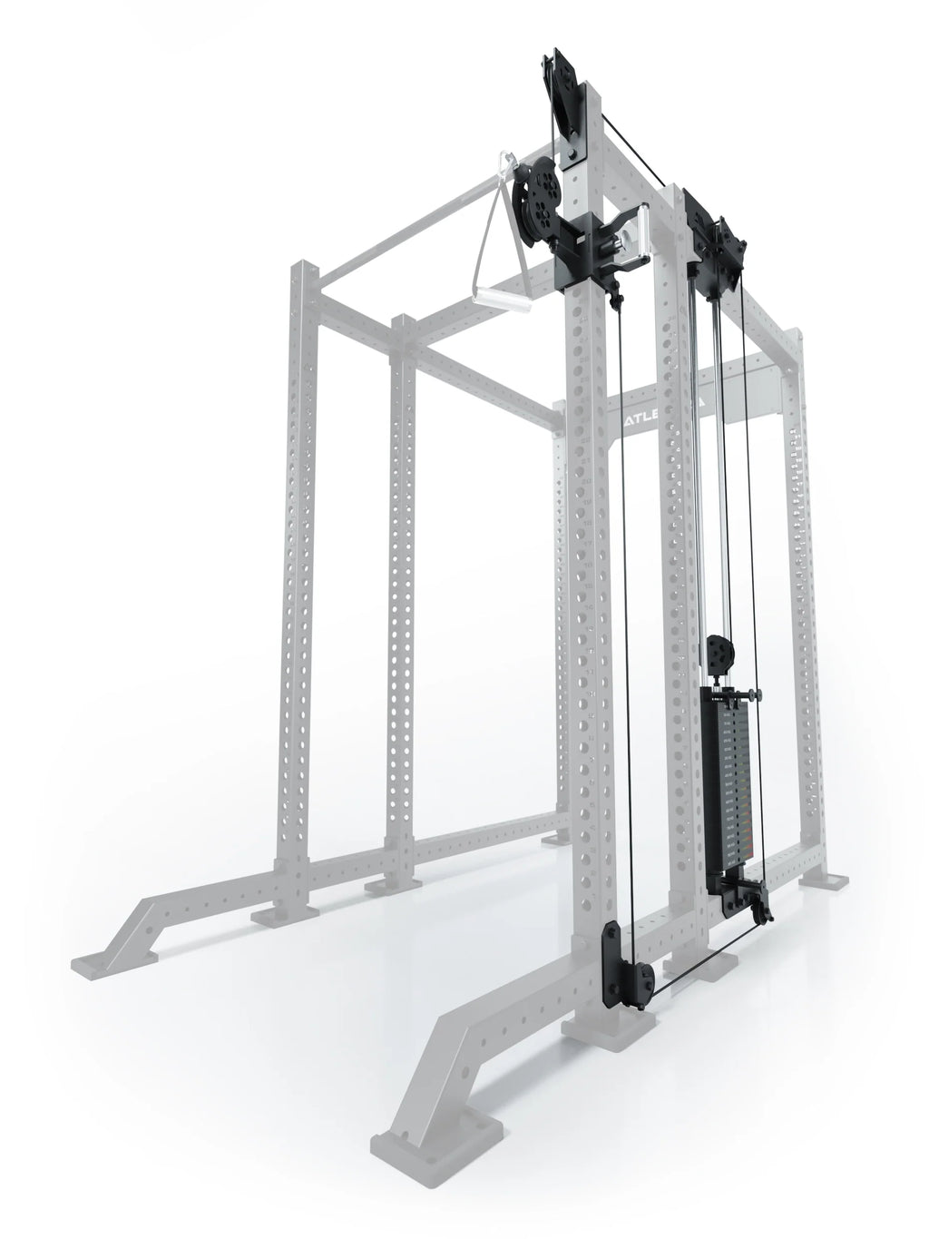 Atletica R8 Bradley 190 lb cable pulley attachment, right side, 16.5-inch crossbar, position 4, angled view