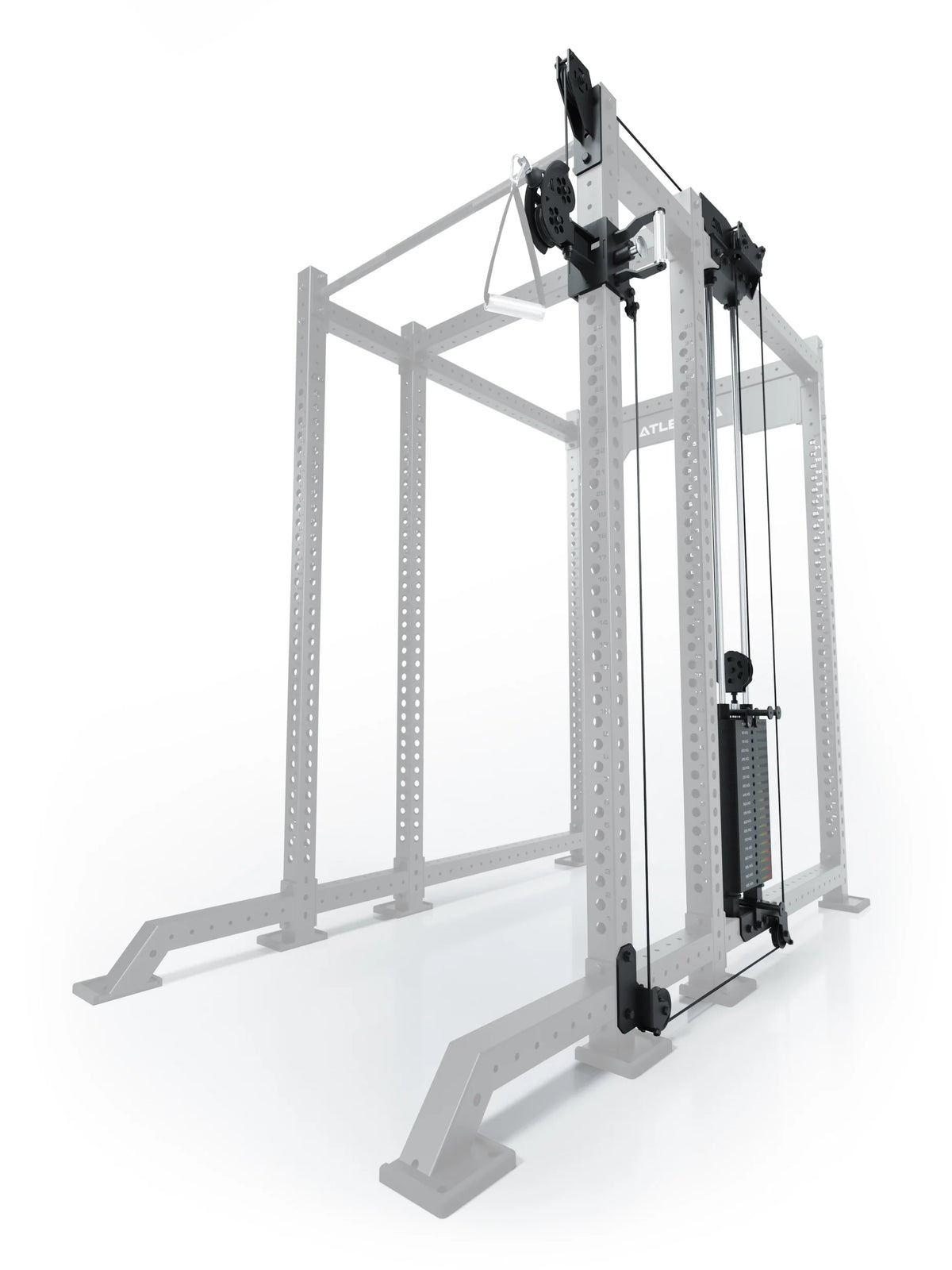 Atletica R8 Bradley 210 lb cable pulley attachment, right side, 16.5-inch crossbar, position 4, angled view