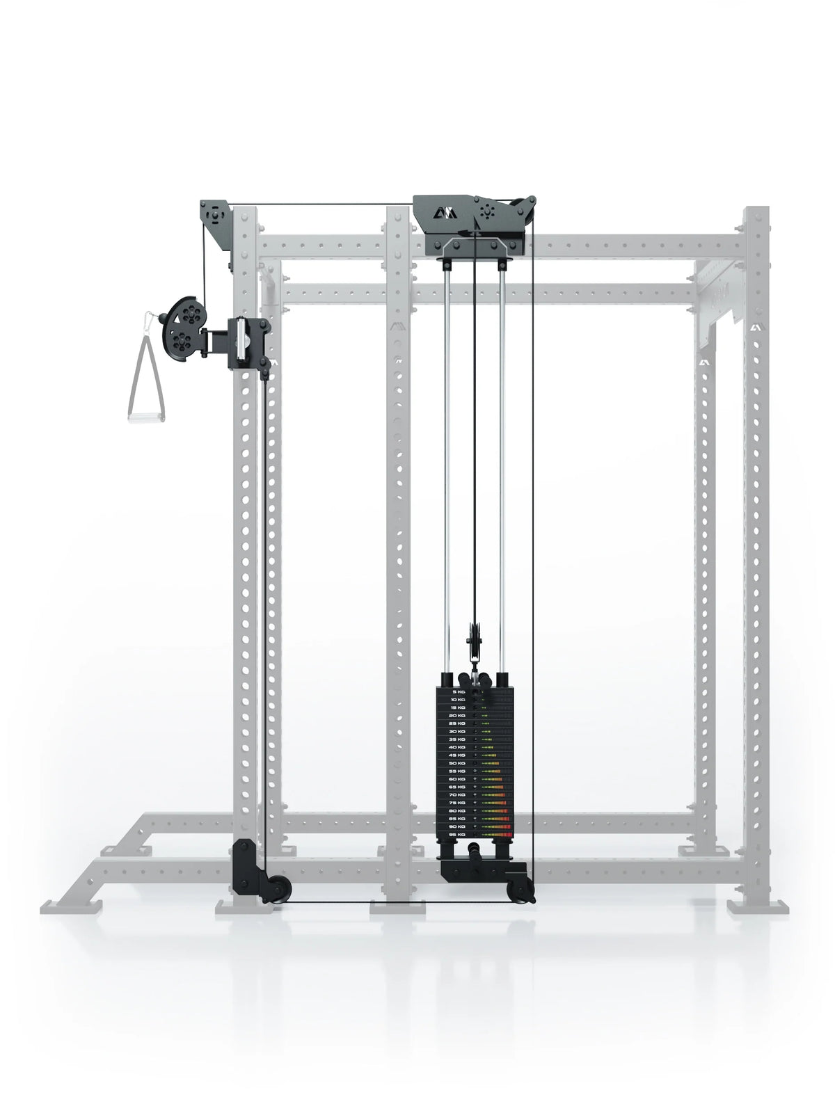 Atletica R8 Bradley 210 lb cable pulley attachment, right, 16.5 inch crossbar, on a gray rack outline, front view