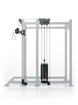 Atletica R8 Bradley 190 lb cable pulley attachment, right, 16.5 inch crossbar, on a gray rack outline, front view