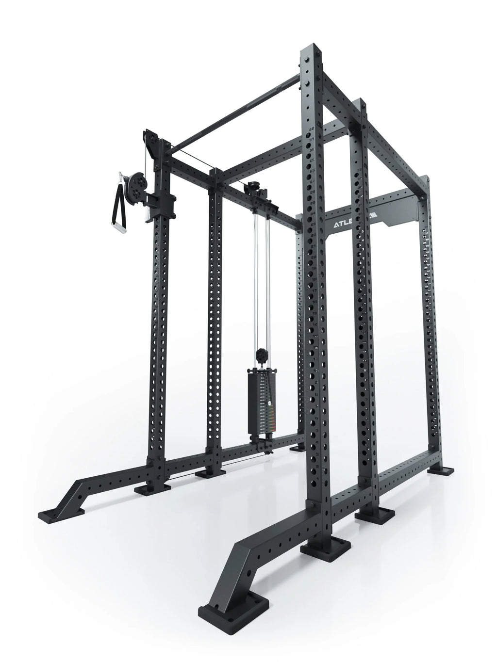 Atletica R8 Bradley 190 lb cable pulley attachment, left, mounted on a black power rack, angled view