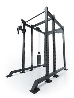 Atletica R8 Bradley 190 lb cable pulley attachment, left, mounted on a black power rack, angled view