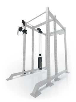 Atletica R8 Bradley 190 lb cable pulley attachment, left side, 16.5-inch crossbar, position 5, angled view