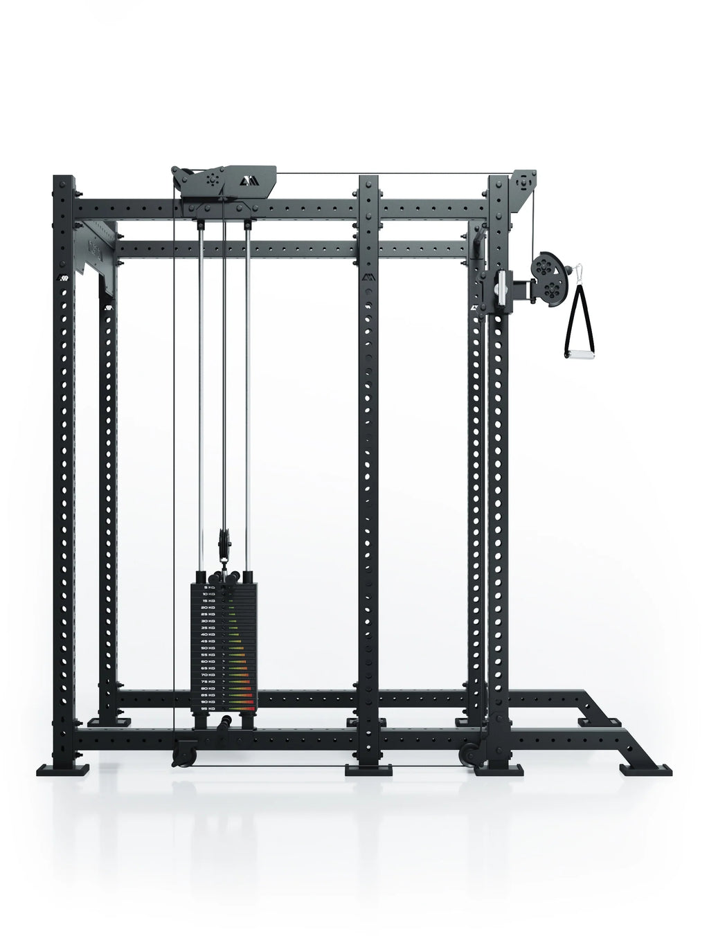 Atletica R8 Bradley 190 lb cable pulley attachment, left, mounted on a black power rack, front view