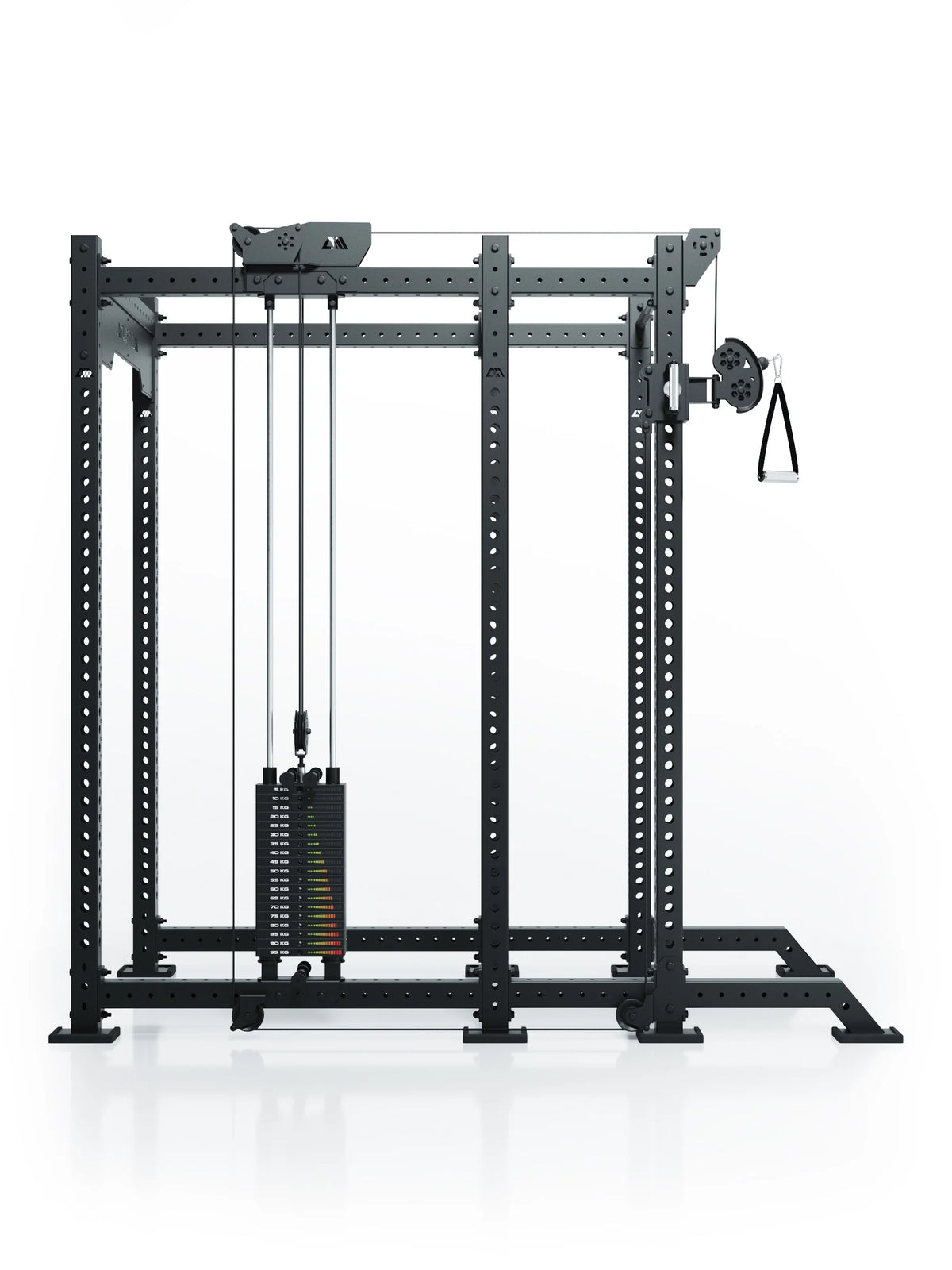 Atletica R8 Bradley 190 lb cable pulley attachment, left, mounted on a black power rack, front view
