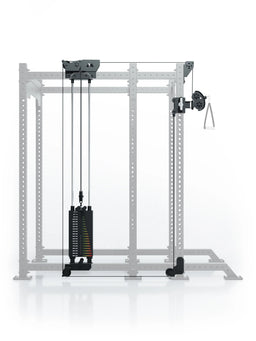 Atletica R8 Bradley 190 lb cable pulley attachment, left, on a power rack shown in outline, front view