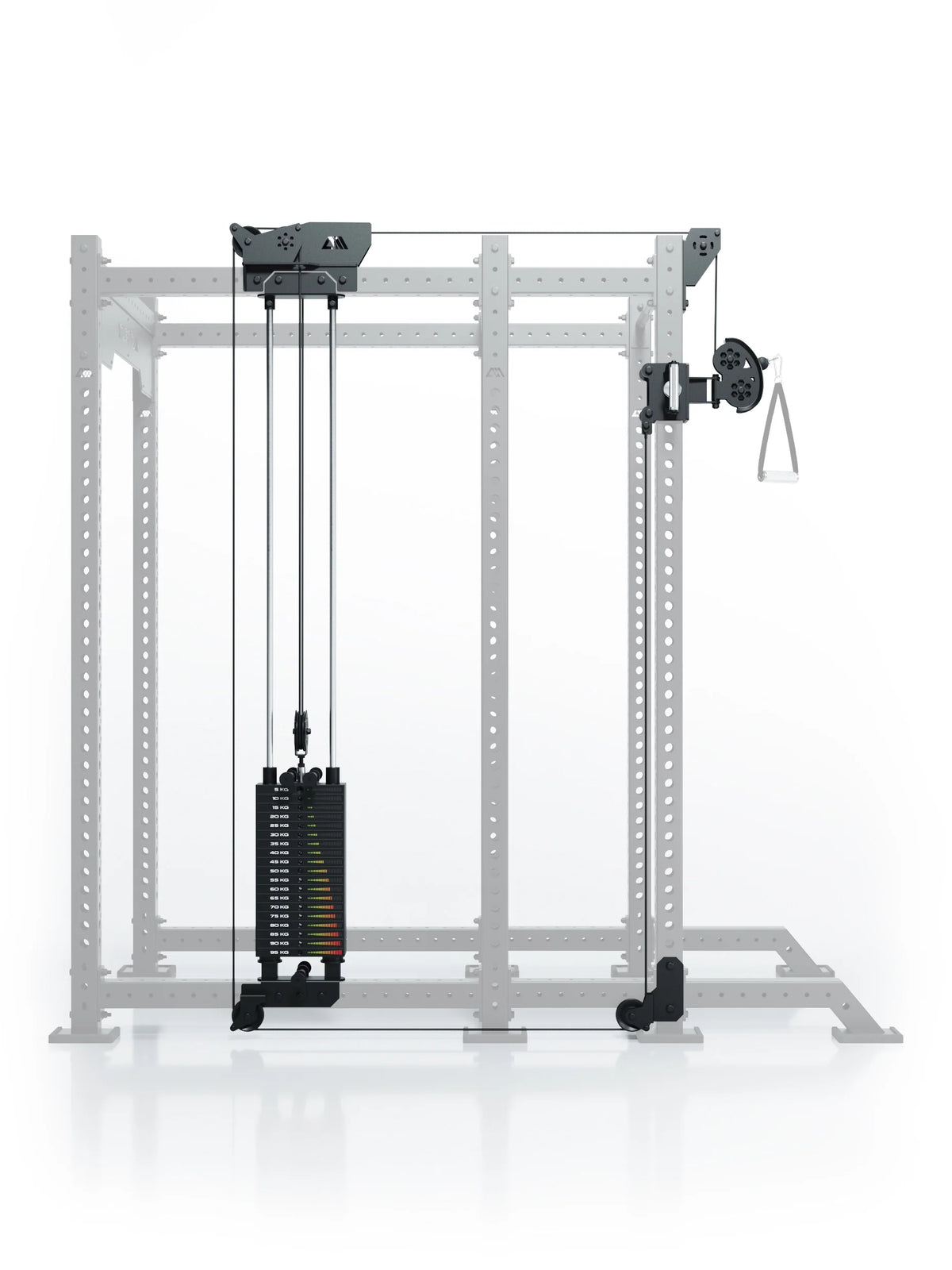 Atletica R8 Bradley 190 lb cable pulley attachment, left, on a power rack shown in outline, front view