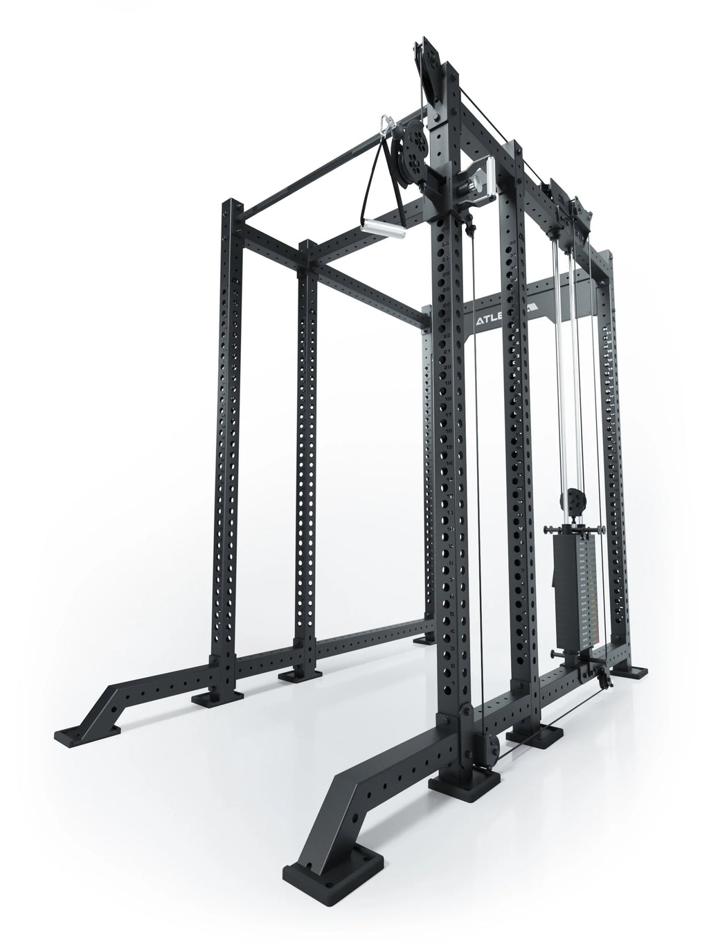 Atletica R8 Bradley 190 lb cable pulley attachment, right, mounted on a black power rack, angled view
