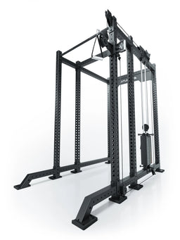 Atletica R8 Bradley 190 lb cable pulley attachment, right, mounted on a black power rack, angled view