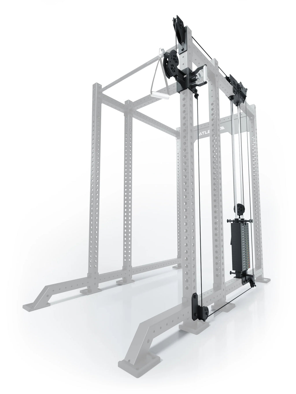 Atletica R8 Bradley 190 lb cable pulley attachment, right side, 16.5-inch crossbar, position 5, angled view