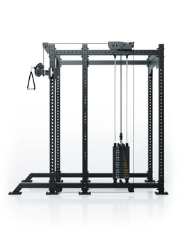 Atletica R8 Bradley 190 lb cable pulley attachment, right, mounted on a black power rack, front view