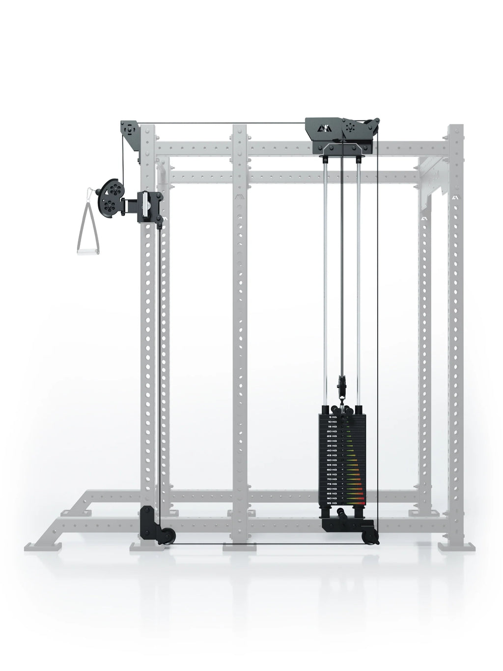 Atletica R8 Bradley 190 lb cable pulley attachment, right, on a power rack shown in outline, front view
