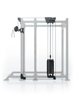 Atletica R8 Bradley 190 lb cable pulley attachment, right, on a power rack shown in outline, front view