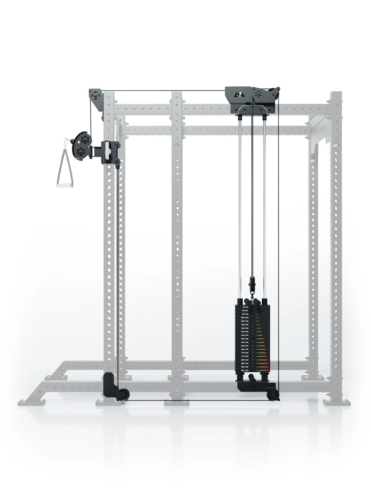 Atletica R8 Bradley 190 lb cable pulley attachment, right, on a power rack shown in outline, front view