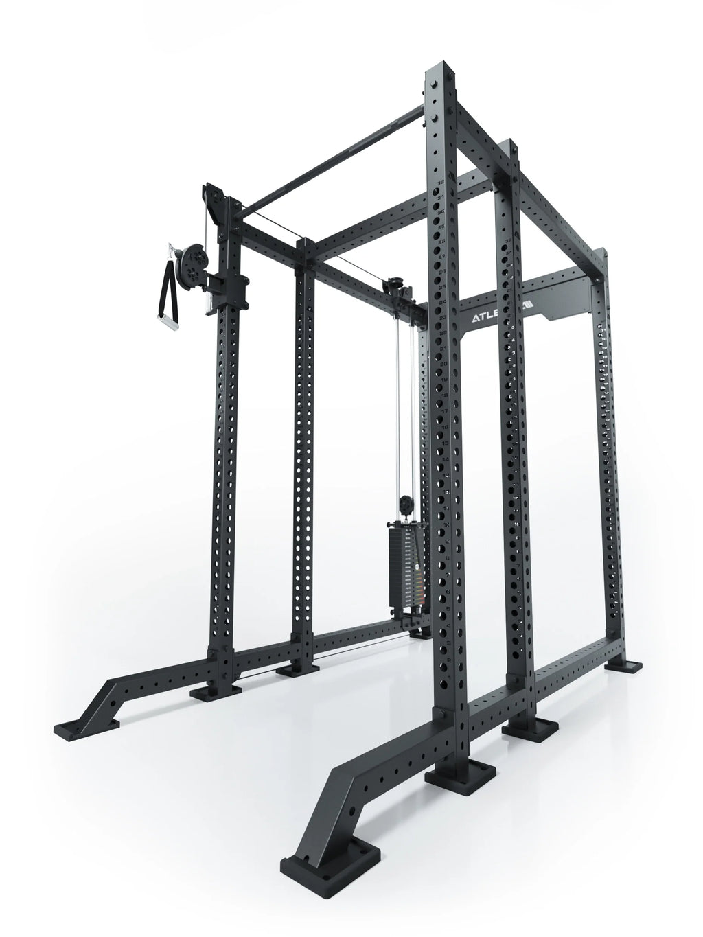 Atletica R8 Bradley 190 lb cable pulley attachment mounted left on the black rack, angled view