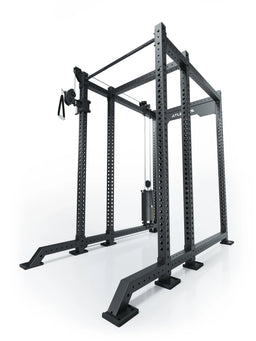 Atletica R8 Bradley 190 lb cable pulley attachment mounted left on the black rack, angled view
