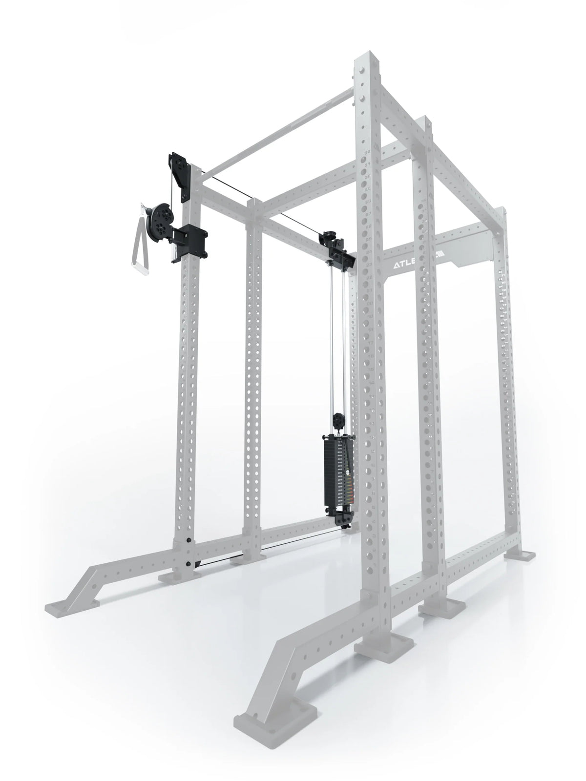 Atletica R8 Bradley 210 lb cable pulley attachment, left side, 16.5-inch crossbar, position 6, angled view