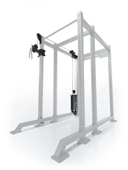 Atletica R8 Bradley 190 lb cable pulley attachment, left side, 16.5-inch crossbar, position 6, angled view