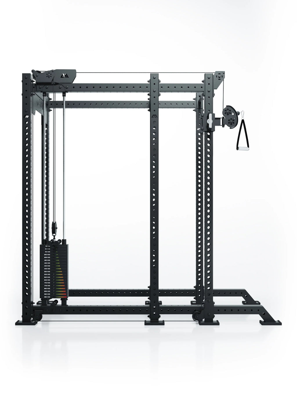Atletica R8 Bradley 190 lb cable pulley attachment mounted left on the black rack, front view