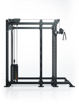 Atletica R8 Bradley 190 lb cable pulley attachment mounted left on the black rack, front view