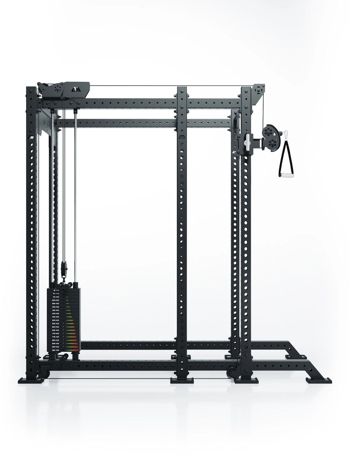 Atletica R8 Bradley 190 lb cable pulley attachment mounted left on the black rack, front view
