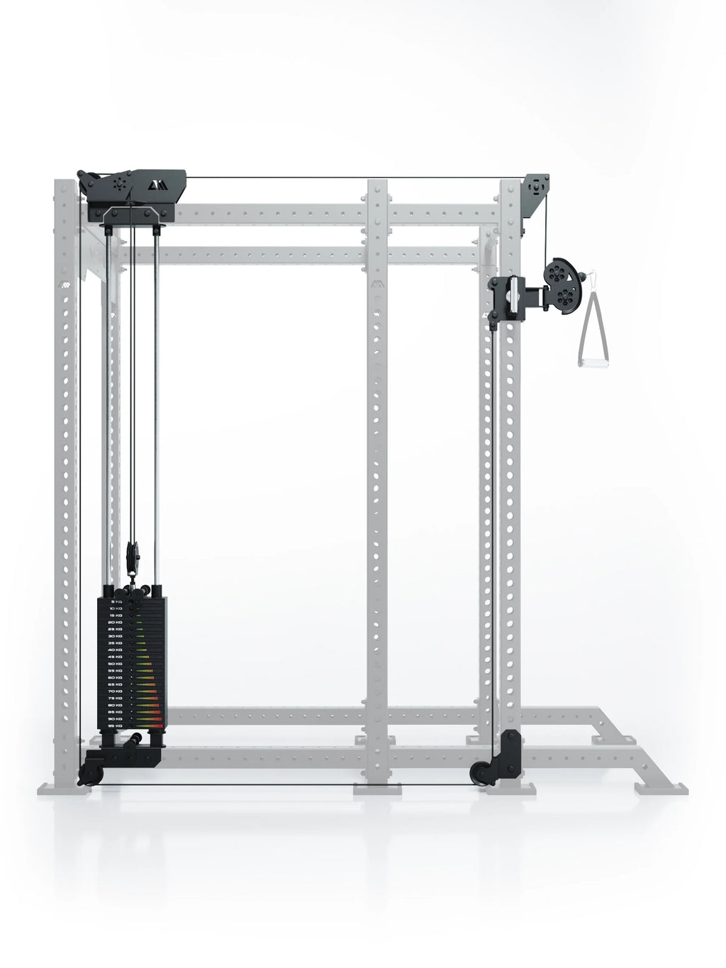 Atletica R8 Bradley 190 lb cable pulley attachment, left side, highlighted on a faded rack, front view