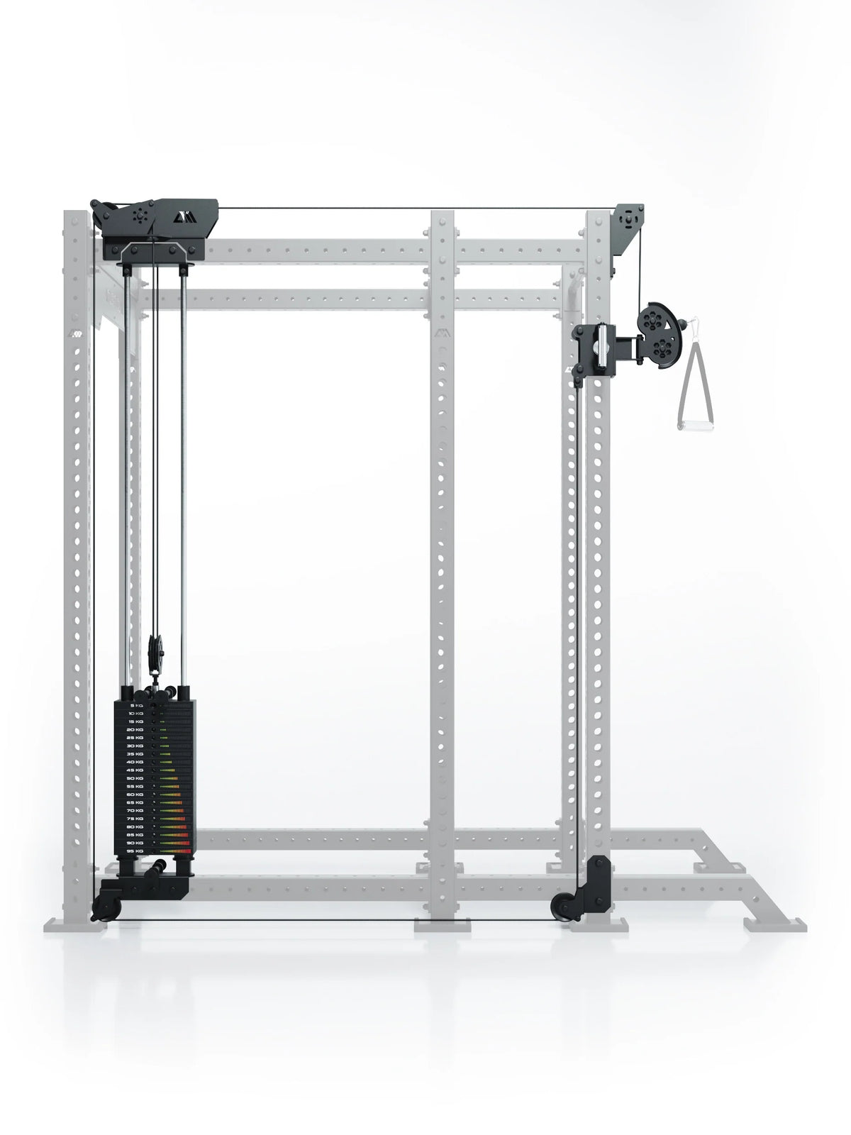 Atletica R8 Bradley 210 lb cable pulley attachment, left side, highlighted on a faded rack, front view