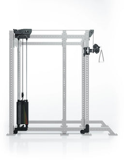 Atletica R8 Bradley 190 lb cable pulley attachment, left side, highlighted on a faded rack, front view