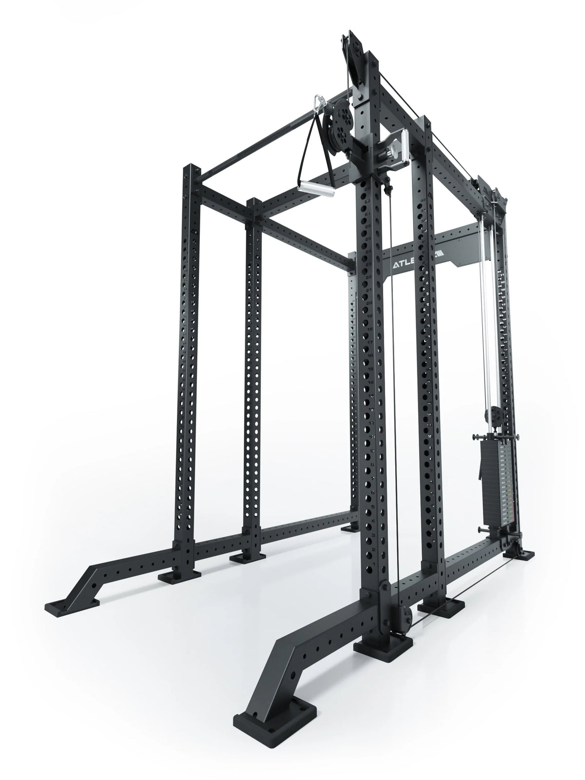 Atletica R8 Bradley 210 lb cable pulley attachment mounted right on a black power rack, angled view