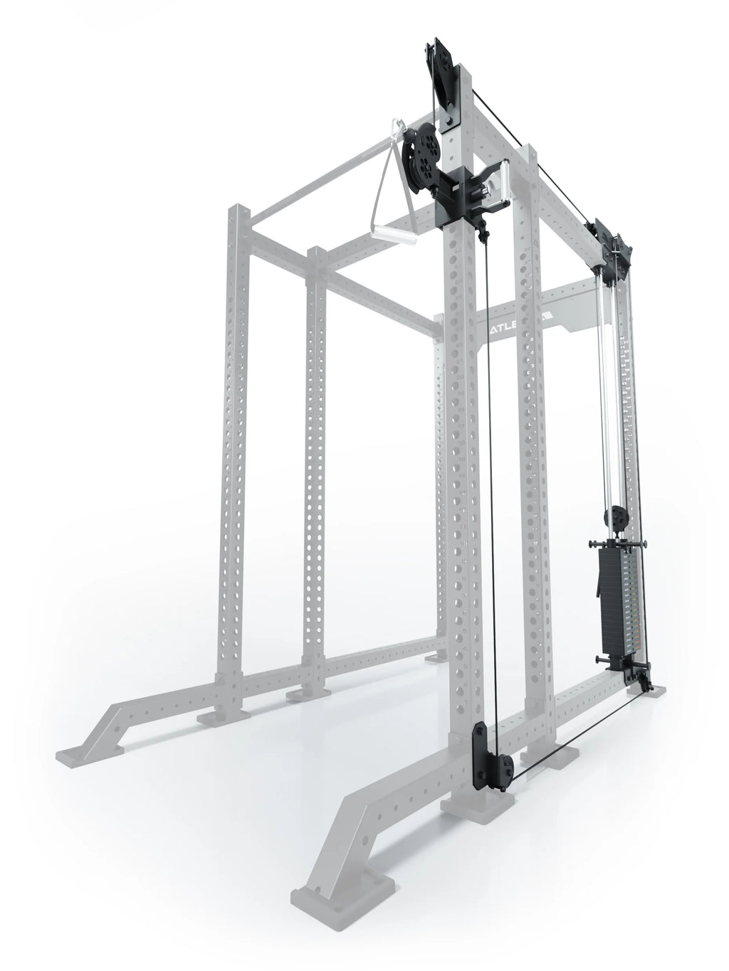 Atletica R8 Bradley 190 lb cable pulley attachment, right side, 16.5-inch crossbar, position 6, angled view