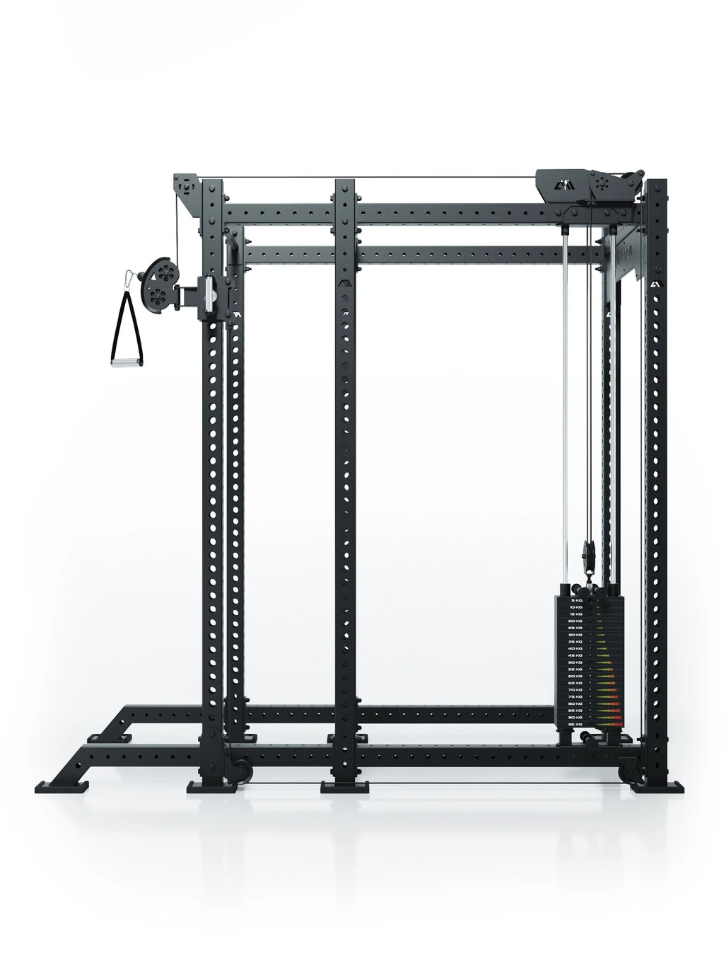 Atletica R8 Bradley 190 lb cable pulley attachment with 16.5-inch crossbar on a black power rack, front view